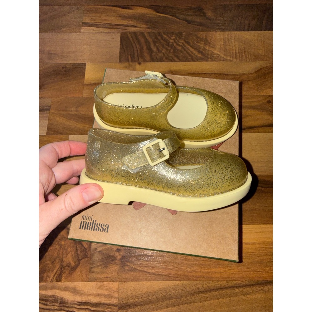 Mini Melissa Glitter Yellow Mary Jane Flats Shoes toddler Kid Size sparkle 8 NEW